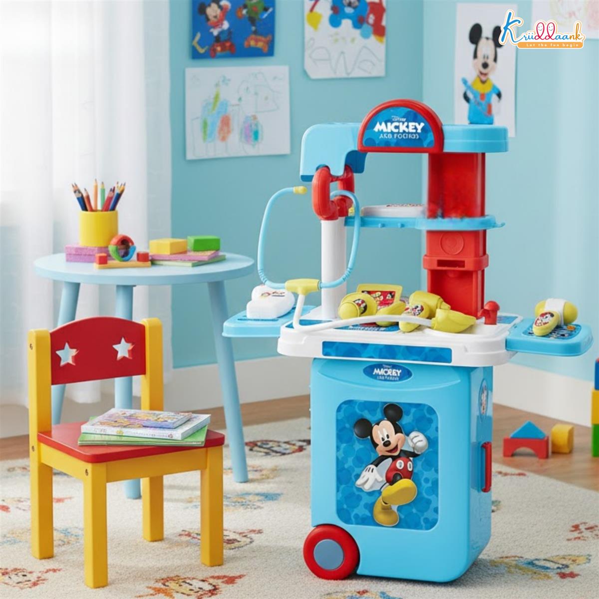 Kriiddaank Mickey Disney Doctor Set for Kids - 9 Pcs Medical Kit Trolley Toy with Lights, Educational Pretend Play for Boys & Girls Age 3+, Portable Role Play Doctor Kit Gift (Red)
