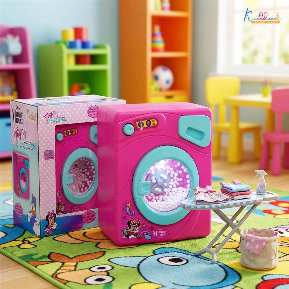 Minnie Theme Interactive Family Washing Machine Toy for Toddlers - Pink Mini Laundry Appliance with Light & Sounds, Educational Pretend Play Gift for Kids Aged 3+ Years