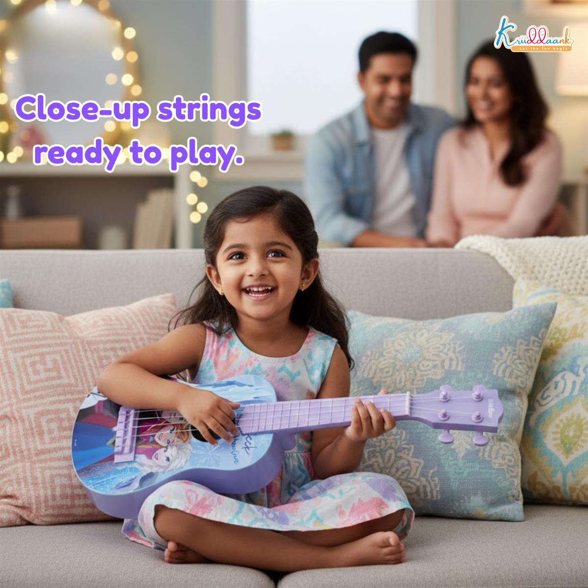 Frozen Elsa & Anna Big Toy Guitar for Girls - 4-String Adjustable Acoustic Musical Instrument with Pick - Lightweight & Portable Educational Toy for Kids Age 3+ Years, Turkish Blue