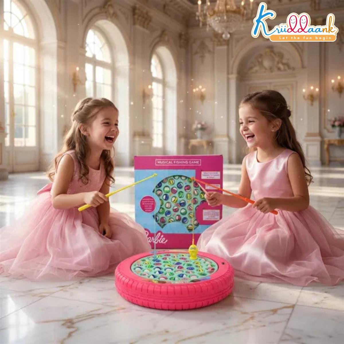 Mattel Barbie Musical Rotating Fishing Game with 45 Fishes & 4 Fishing Poles | Battery Operated Learning Toy for Kids 3+ Years | Fun & Educational Multiplayer Board Game (Pink)