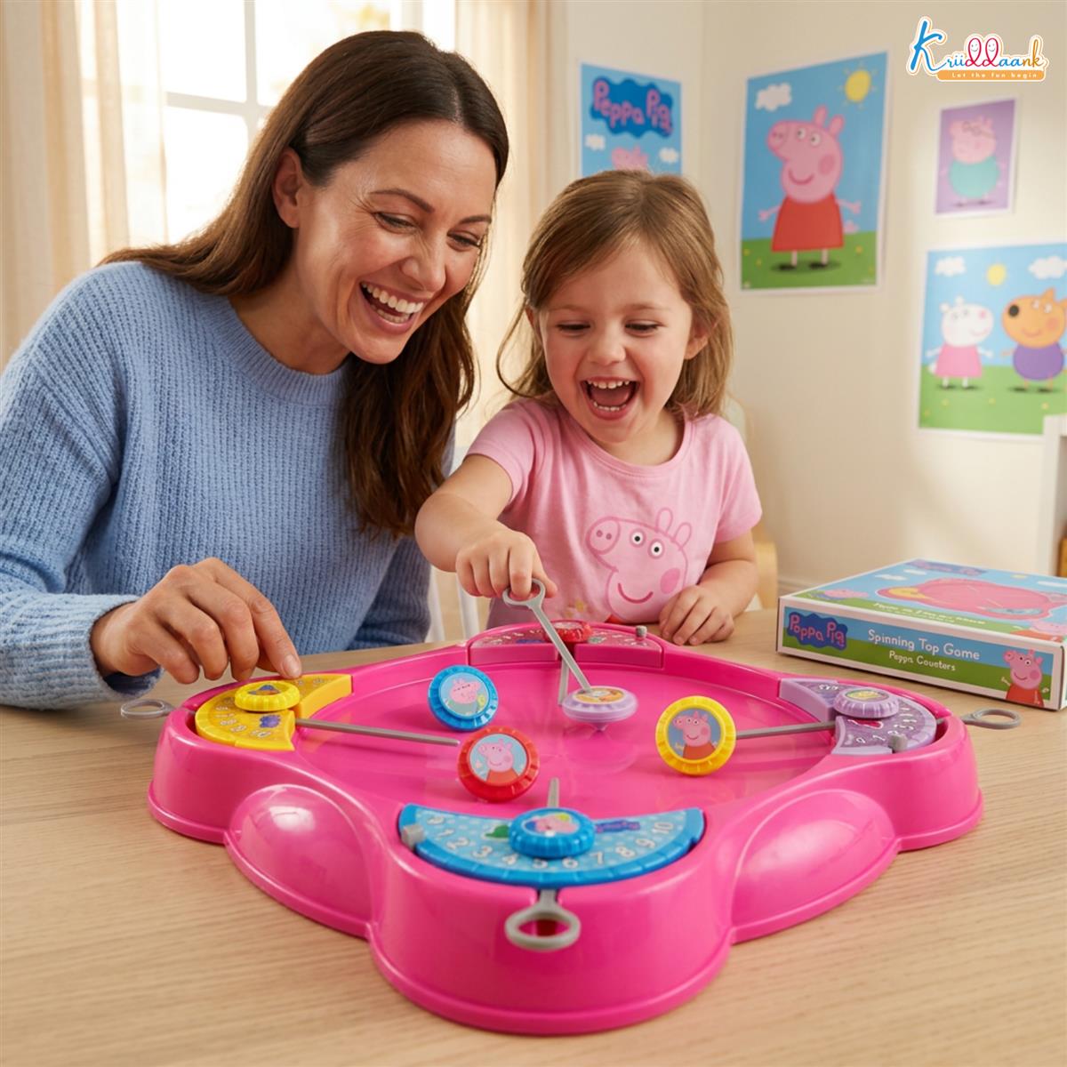 Kriiddaank Peppa Pig Theme Spinning Top Battel Game with Arena Base - Beyblade Style Battle Set for Kids 5+ Years - 4 Tops & Rip Cords - Multiplayer Educational Toy for Boys & Girls (Pink)
