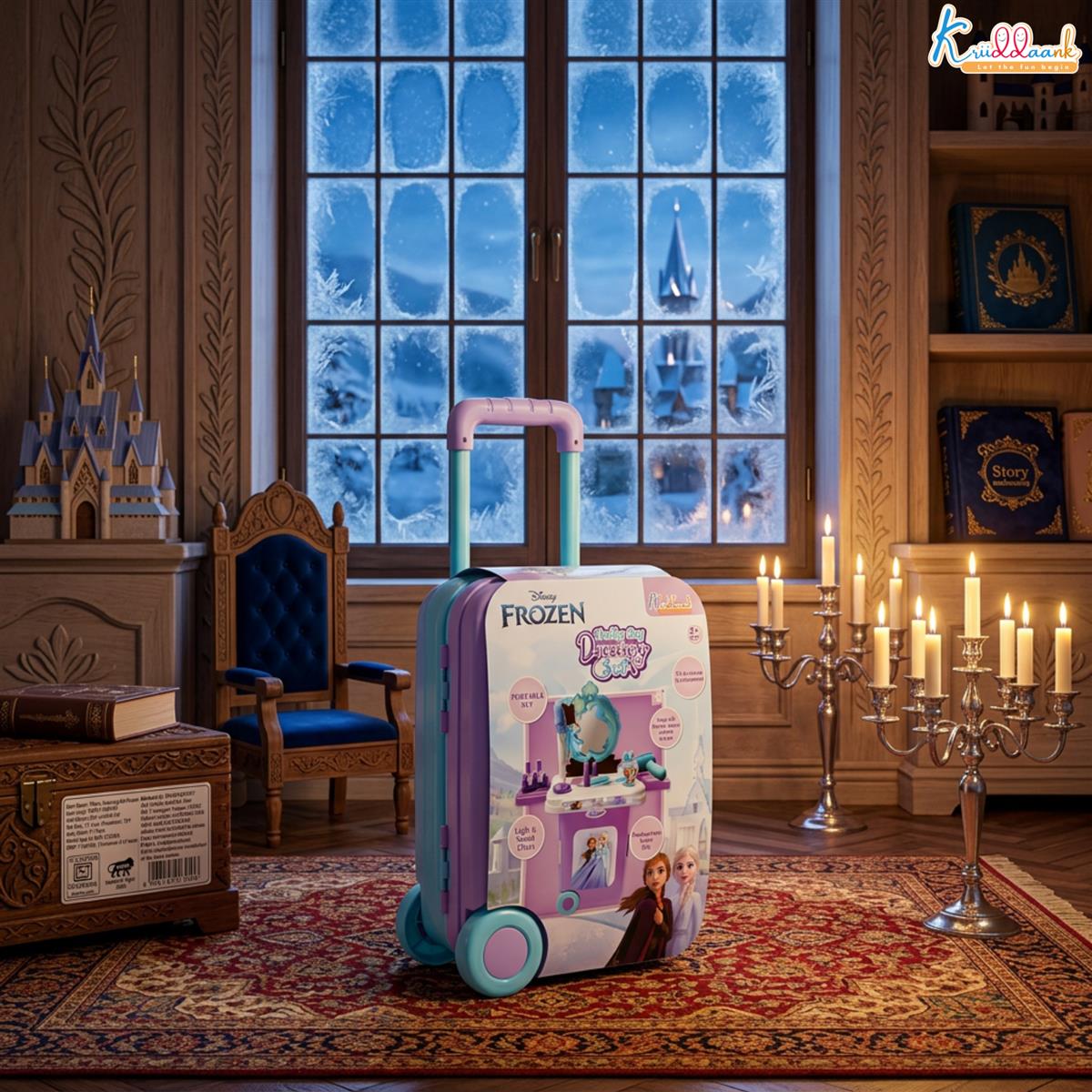 Kriiddaank Frozen Dressing Set for Girls - Elsa & Anna Pretend Play Beauty Makeup Kit with Trolley, Lights & Music, 15 Pcs Educational Styling Toy for Kids Age 3+, Turkish Blue