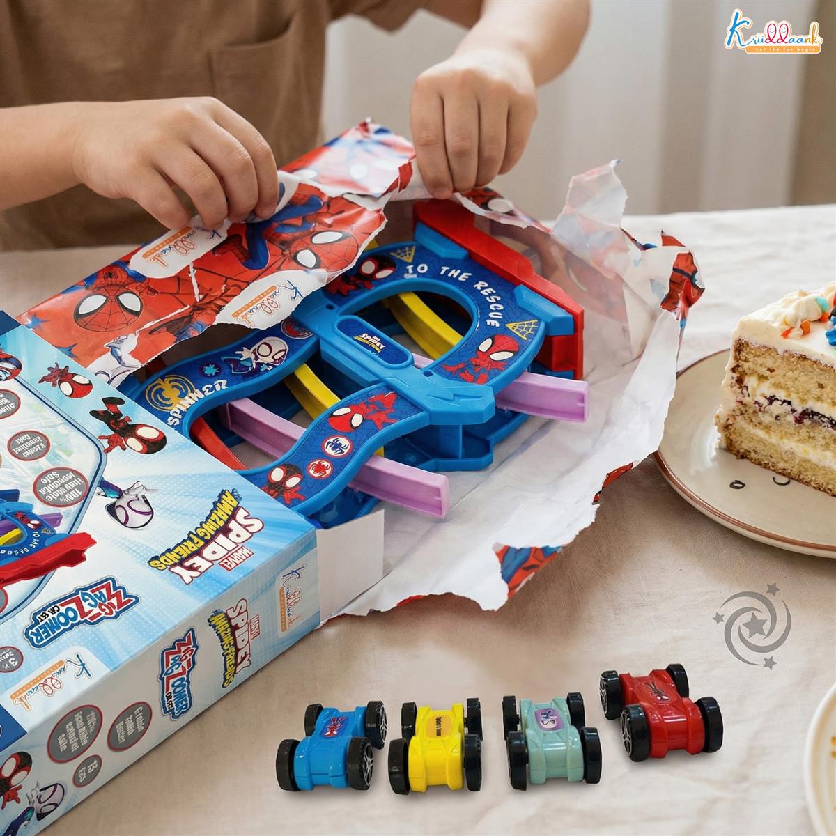 Zig Zag Zoomer Spiderman Ramp Racer Car Set for Kids 3+ Years - 6-Level Zig-Zag Racing Track with 4 Vehicles - 16 Pcs Battery Operated Educational Toy - Non-Toxic Blue Car Playset