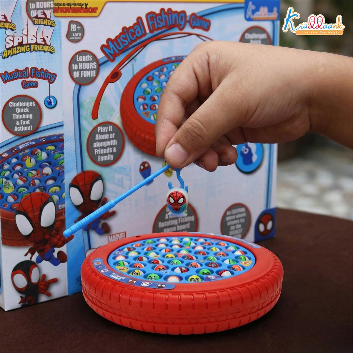 Kriiddaank Spiderman Theme Musical Rotating Fishing Game for Kids - Battery Operated Learning Toy with 45 Fishes & 4 Fishing Poles - Fun Interactive Educational Game for Boys & Girls, Age 3+