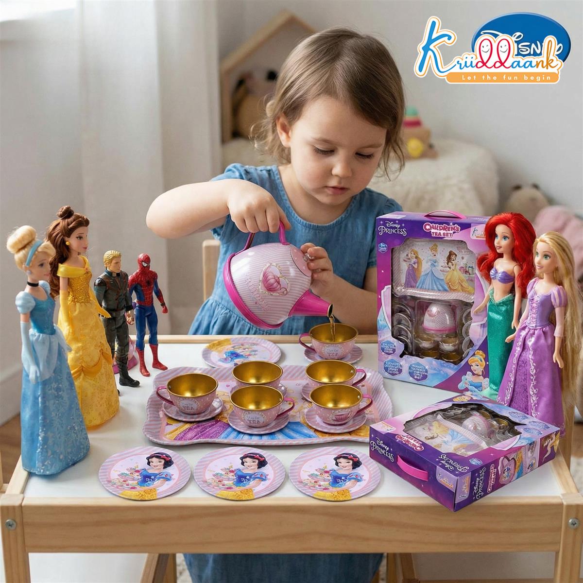 Disney Princess 14-Piece Tin Tea Set for Girls - Portable Fantasy Tea Party Set with Teapot & Cups - Safe & Durable Metal Pretend Play Toy for Kids Ages 3+ (Pink)