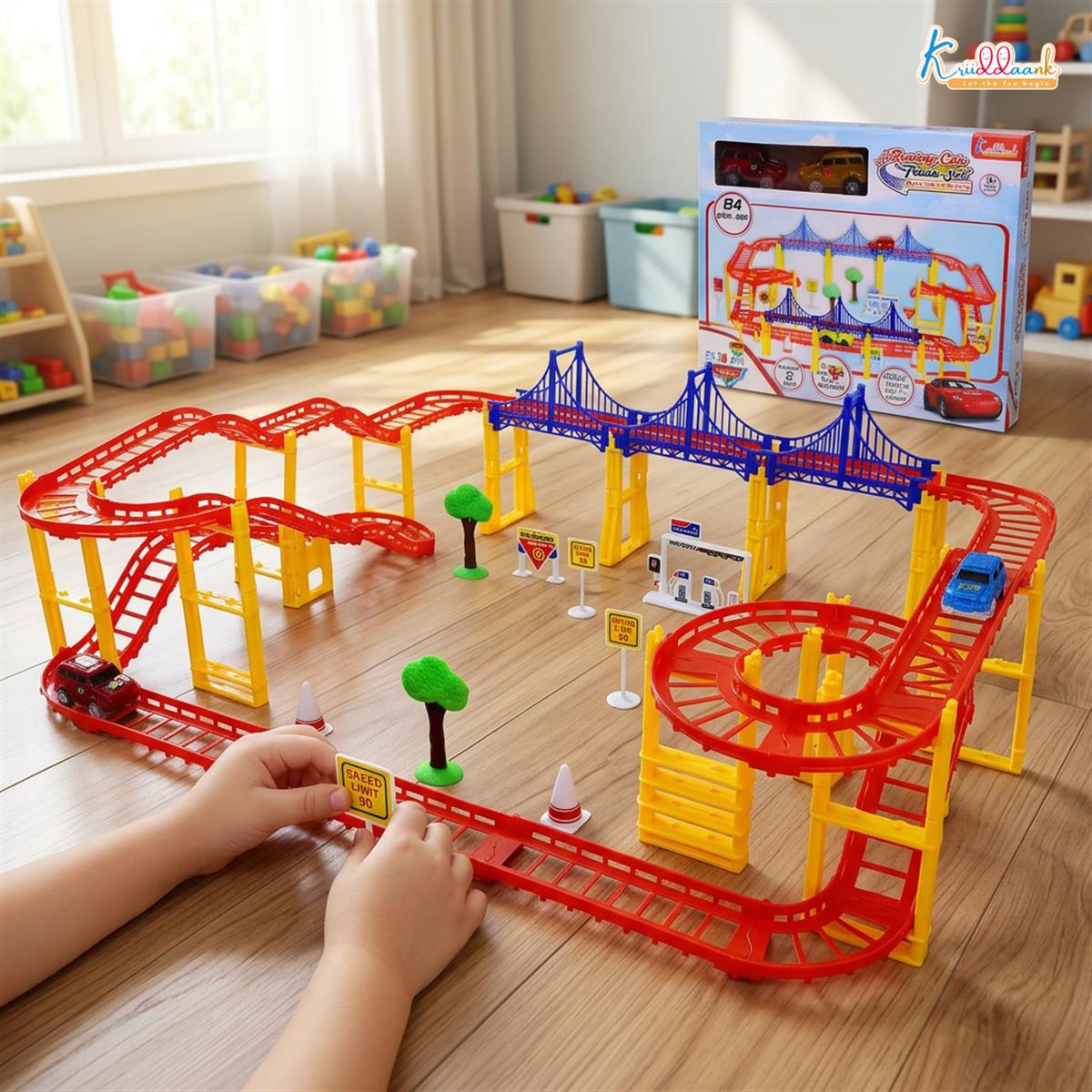 Car Track Medium (84 Pcs) Disney Cars Theme Race Track Set with 2 Diecast Cars, Bridges, Road Signs & Petrol Pump - Battery Operated DIY Racing Play Set for Kids 3+ Years