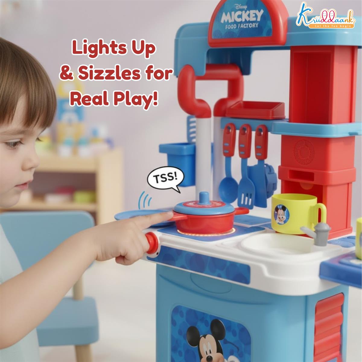 Kriiddaank Disney Mickey Kitchen Set with Trolley - 20 Pcs Pretend Play Cooking Set for Kids with Light & Sound, 2-in-1 Portable Role Play Kitchen Toy for Toddlers 3+ Years (Red)