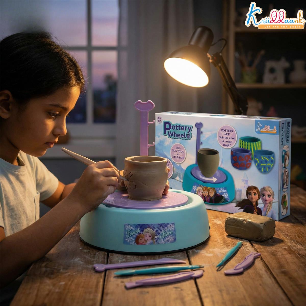 Frozen Theme Pottery Wheel Kit for Kids - Elsa & Anna Clay Art & Craft Set with 800g Clay, 6 Acrylic Paints & Sculpting Tools - Educational DIY Pottery Making Toy for Girls Age 8+ (Turkish Blue)