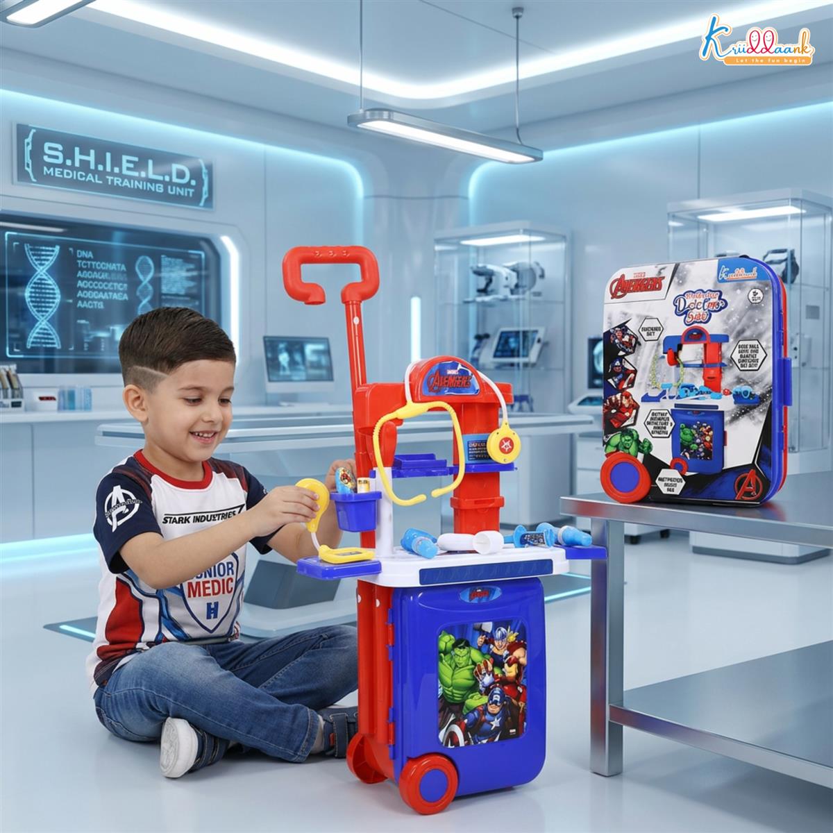 Kriiddaank Marvel Avengers Doctor Set, Portable Medical Trolley for Kids with Stethoscope & Light Effects, 9-Piece Heroic Educational Toy Play Set for Kids Aged 3+, Safe & Engaging Role Play Kit