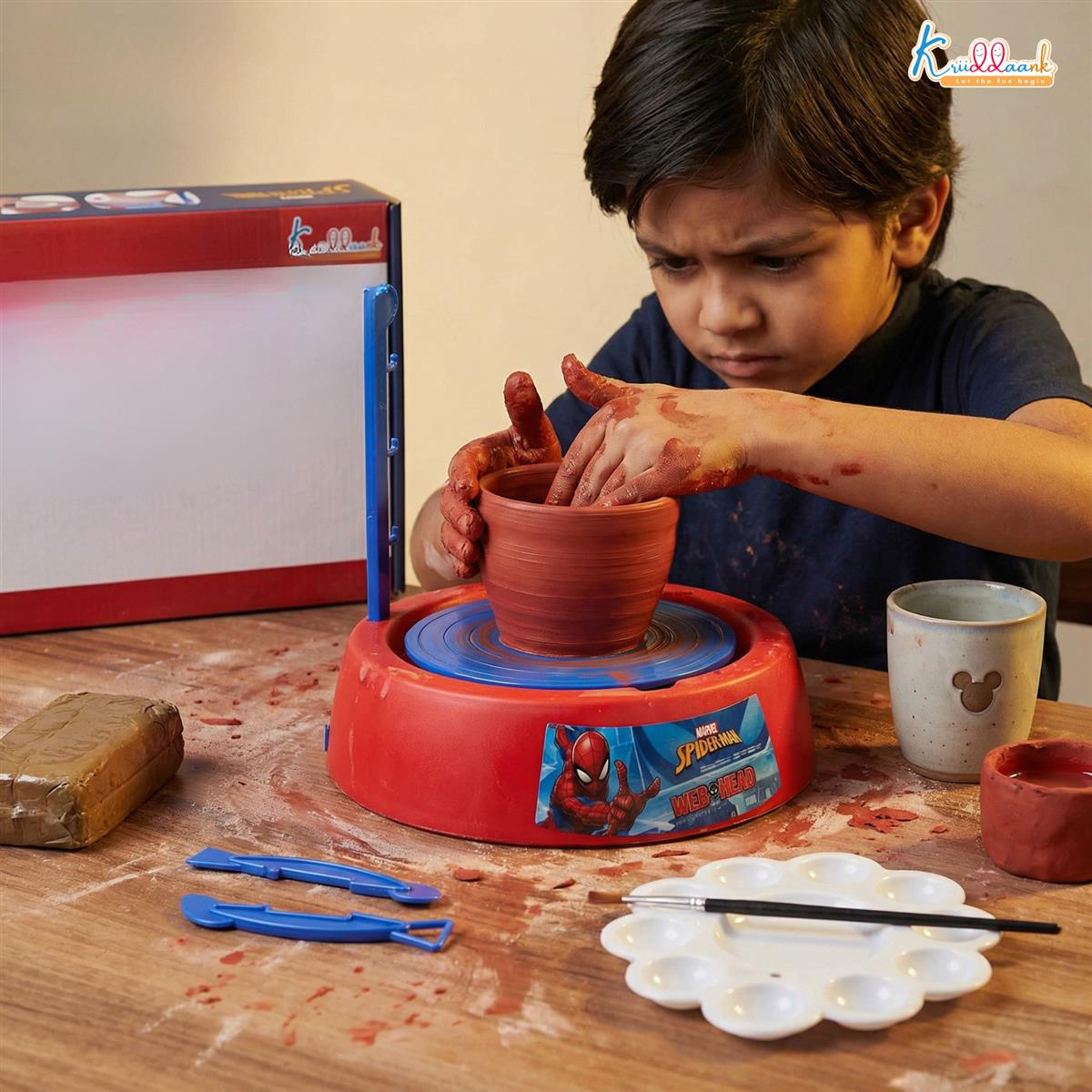 Spiderman Pottery Wheel Modeling Set for Kids - Complete Clay Sculpting, Art & Craft Kit with 800g Clay, Paints & Tools | Educational DIY Toy for Boys & Girls 8+ | Battery Operated with Music
