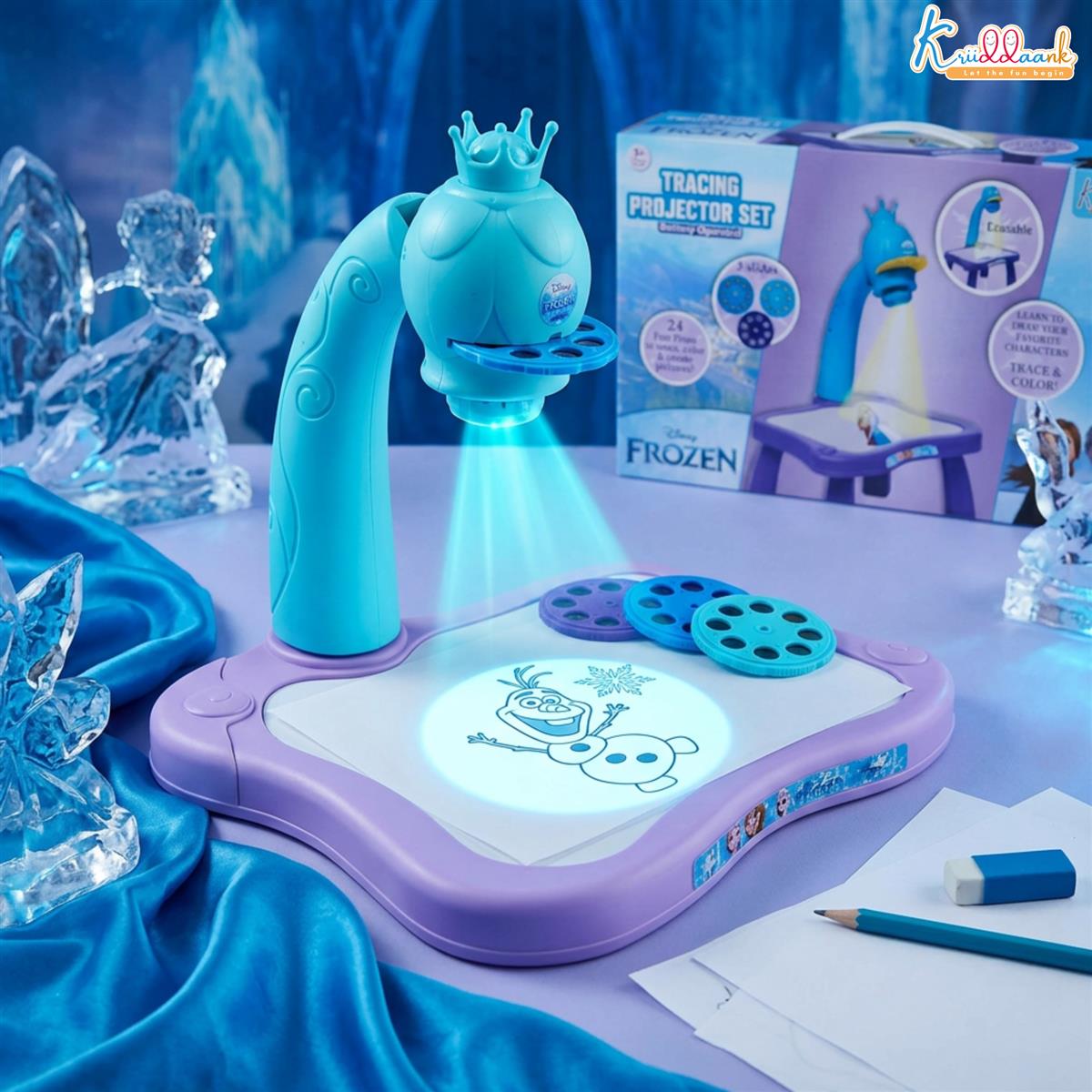 Kriiddaank Frozen Tracing Projector for Kids - Complete Art Drawing Projector Set with 24 Patterns, 3 Slides, Markers & Stencils - Creative Learning Toy for Boys & Girls 3+ Years, Turkish Blue