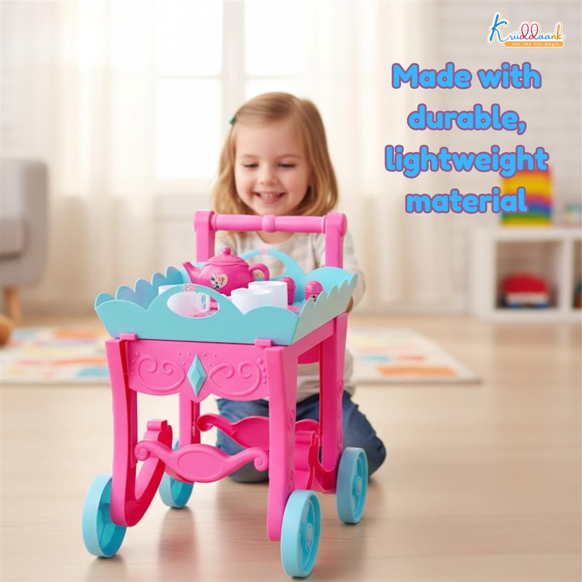 Minnie Tea Trolley Set for Kids - 32 Pcs Pretend Play Tea Party Toy with Electronic Kettle, Lights & Music - Battery Operated Educational Kitchen Set, Pink, Gift for Girls Age 3+