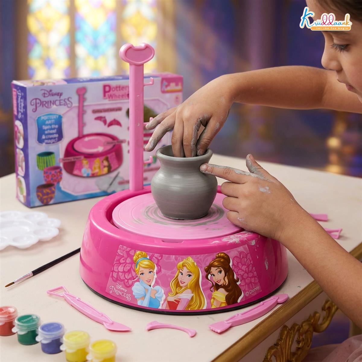 Disney Princess Theme Pottery Wheel Kit - Complete Fairy Tale Clay Art & Crafts Set with 800g Clay, 6 Acrylic Paints, Sculpting Tools & Music - Creative DIY Pottery Studio for Girls 8+ Years