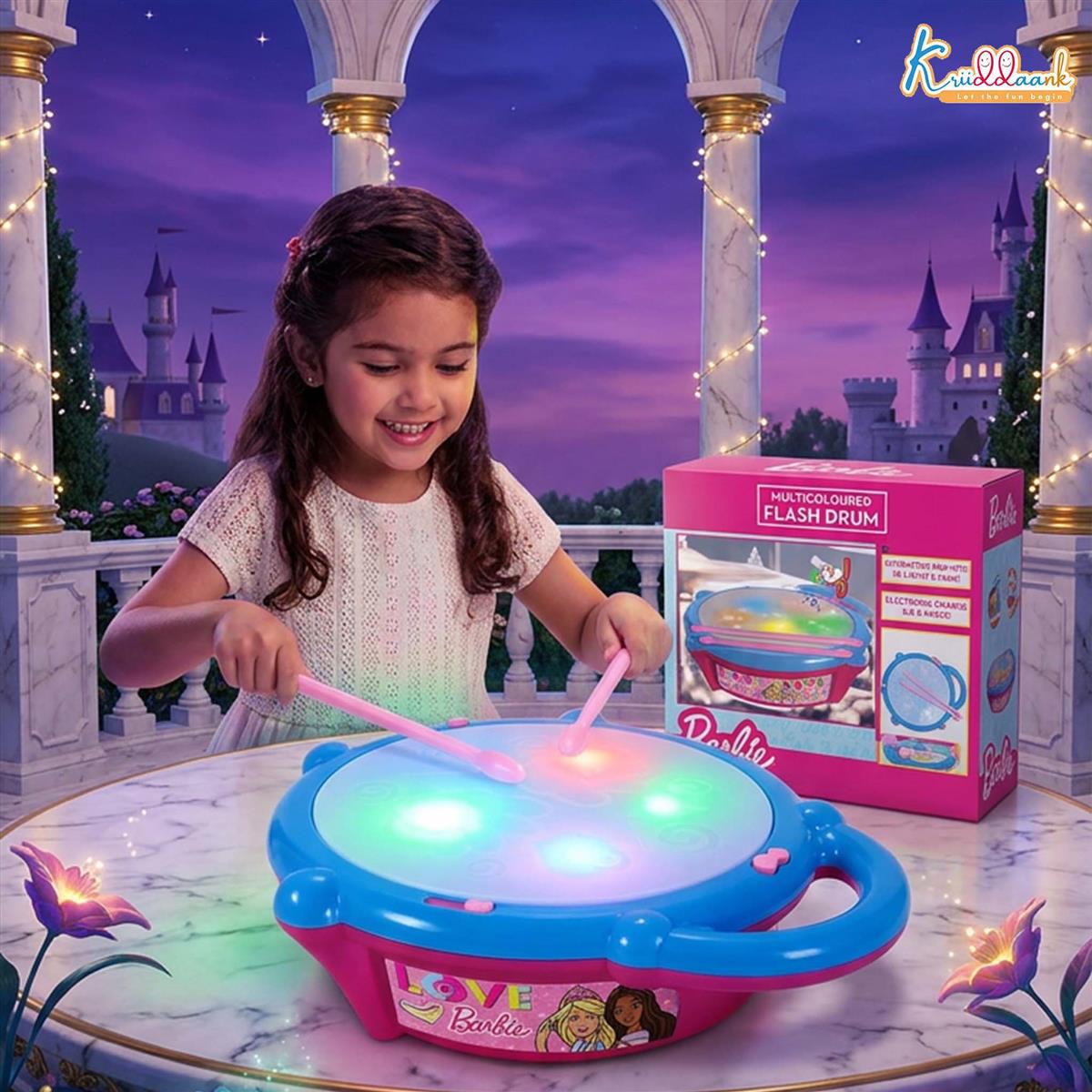Barbie Electronic Flash Drum with 3D Rhythm Lights & Music | Educational Musical Toy for Kids 3+ Years | Interactive Pink Drum with 9 Songs & 5 Color-Changing Lights | Safe & Engaging Play