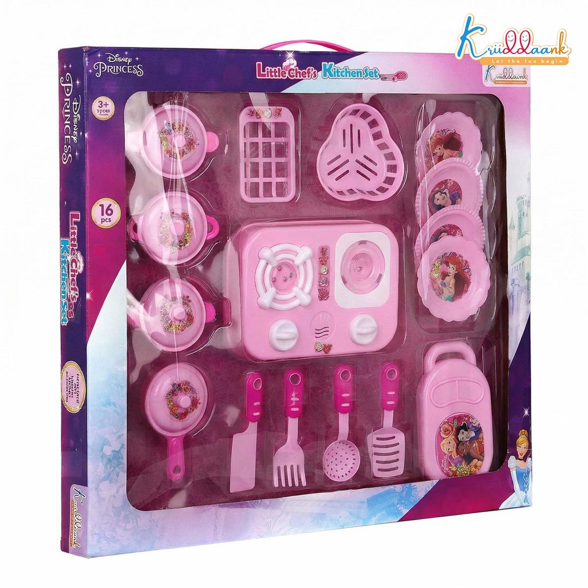 Kriiddaank Princess Little Chef Kitchen Set for Kids - 16 Pcs Pretend Play Cooking & Baking Playset with Light & Sound, Battery Operated Toy Stove, Portable Pink Kitchen for Girls & Toddlers Ages 3+