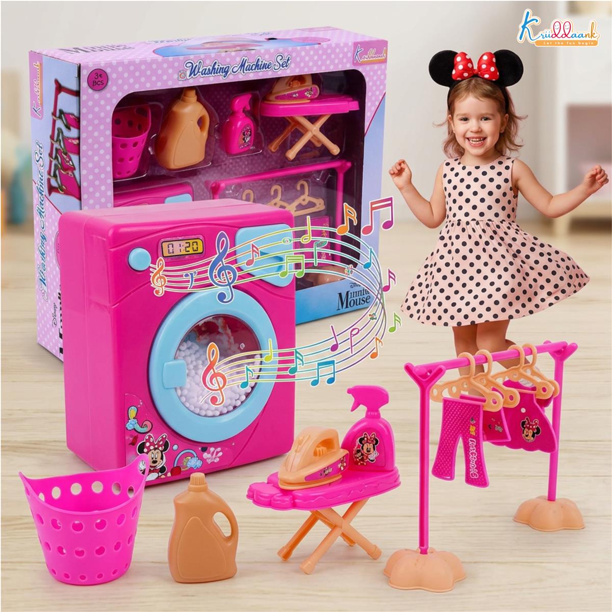 Kriiddaank Minnie Theme Washing Machine Toy - 15-Piece Interactive Pretend Play Laundry Set with Music, Ironing Board & Accessories - Pink Educational Disney Magic Gift for Toddlers Ages 3+