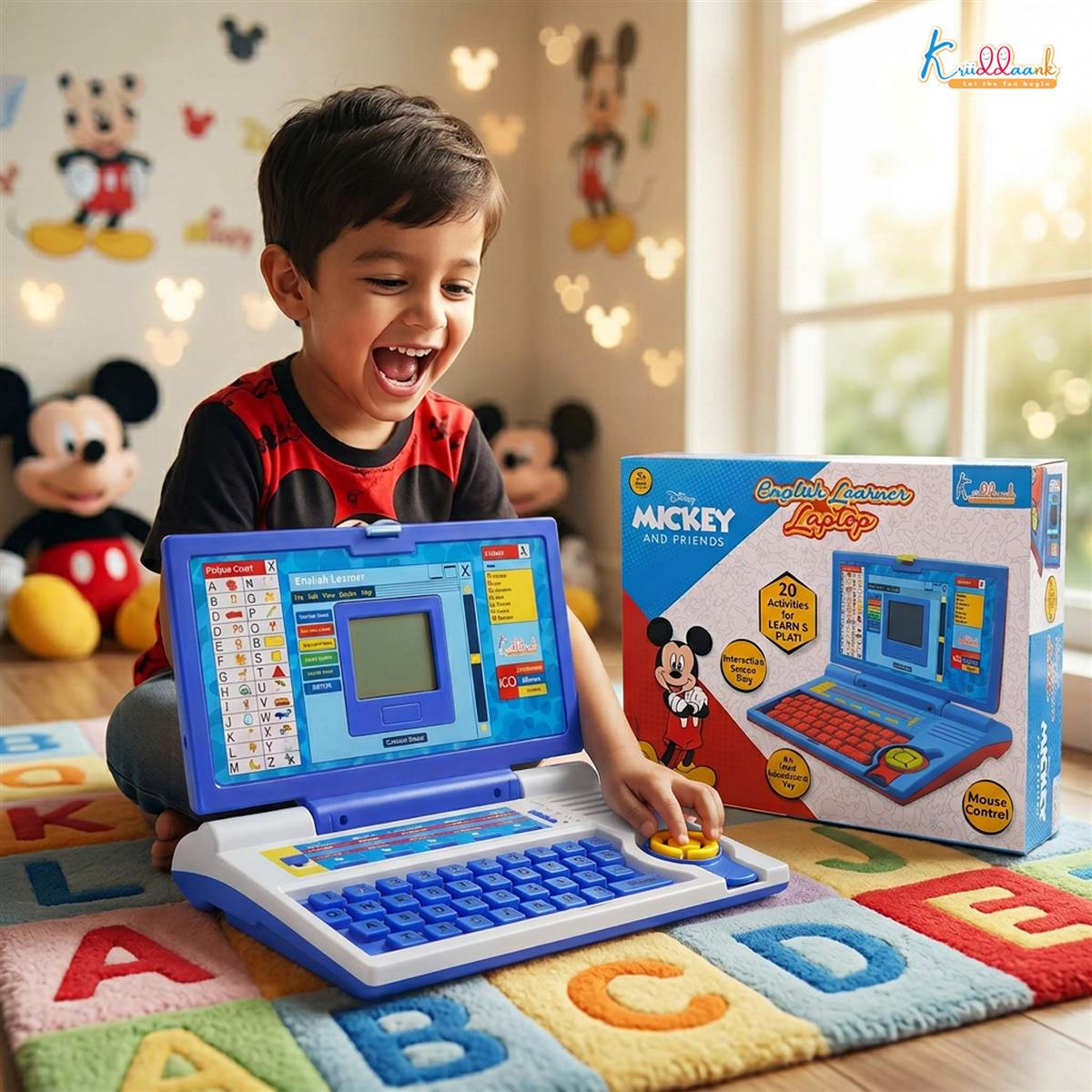 Mickey Educational Laptop for Kids Age 3+ | 20 Learning Activities for Alphabet, Math & Logic | Interactive Screen & Mouse Control | Memory Skill Development Toy | Mickey Theme (Red)
