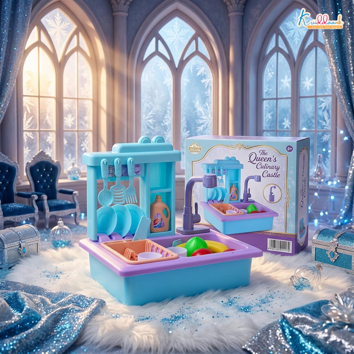 Kriiddaank Frozen Theme Kitchen Toy Set for Girls - Realistic Sink with Running Water, Electric Faucet, 22 Pcs Utensils & Accessories, Pretend Play Cooking & Baking Set for Kids Age 3+ (Turkish Blue)