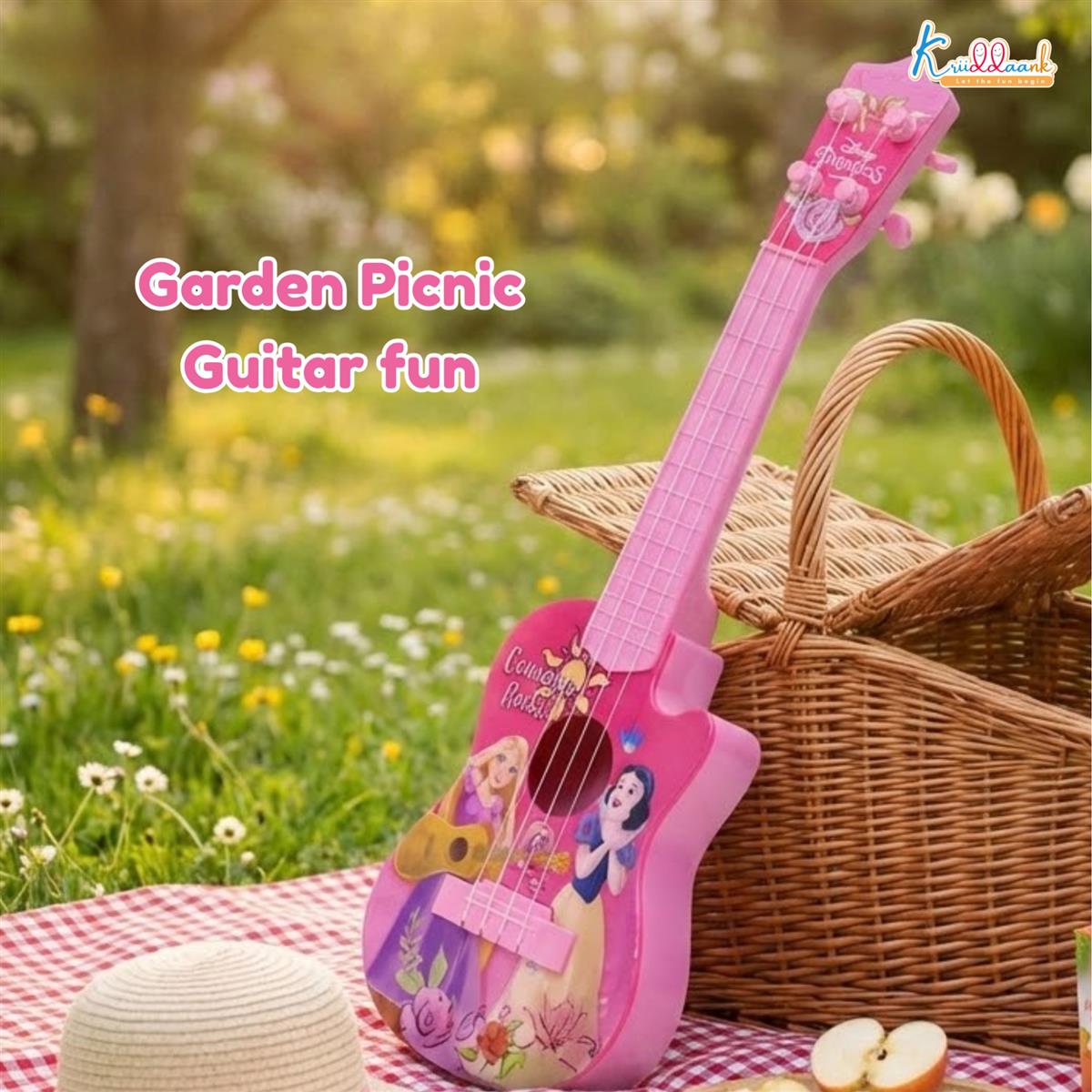 Disney Princess Theme 4-String Toy Guitar for Girls - Small Educational Musical Instrument for Kids Age 3+ - Lightweight & Safe Design - Ideal Birthday Gift for Aspiring Musicians