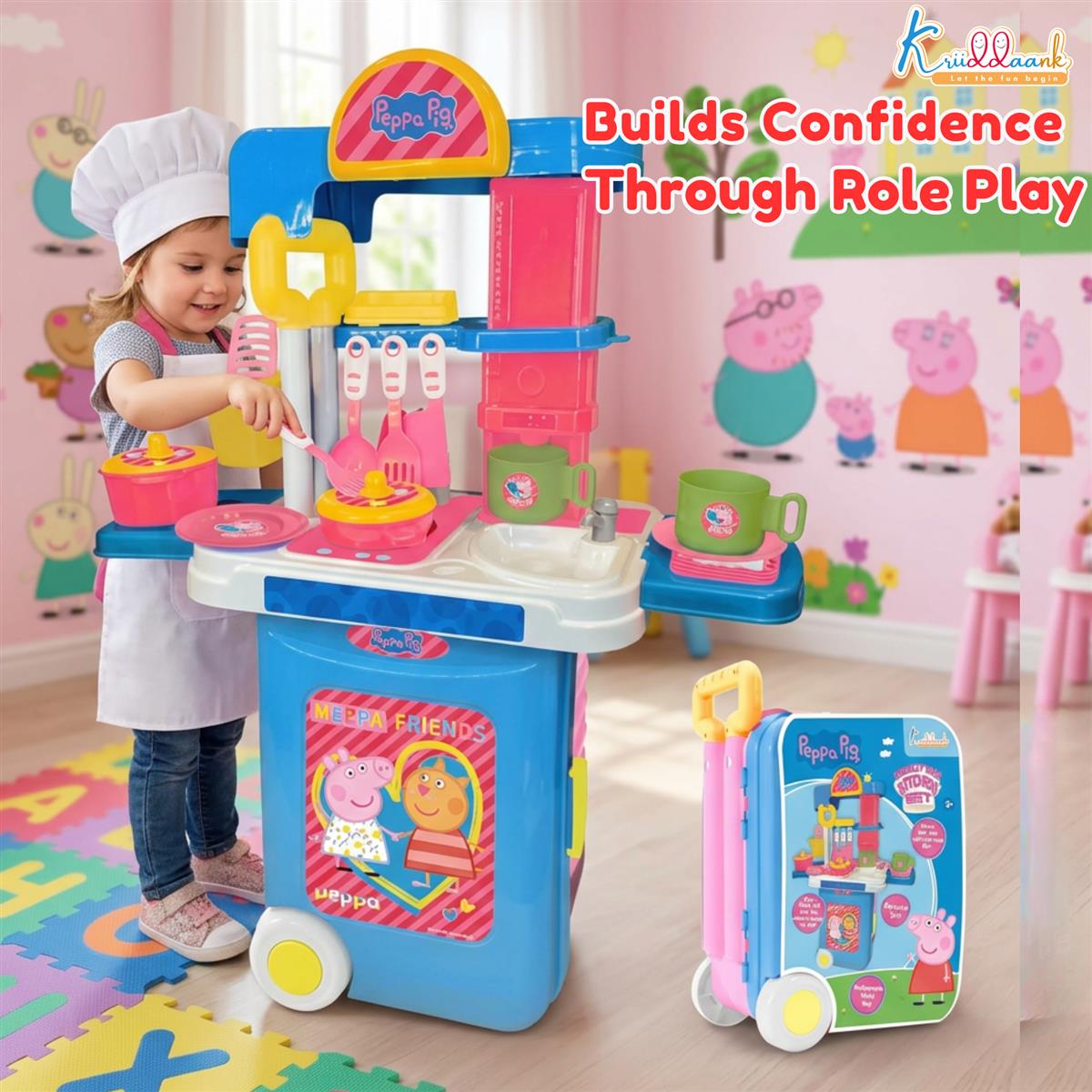 Kriiddaank Peppa Pig Kitchen Set for Girls - 2-in-1 Portable Trolley & Chef Playset with 20+ Accessories, Music & Lights - Educational Pretend Play Cooking Toy for Kids 3+ Years (Pink)