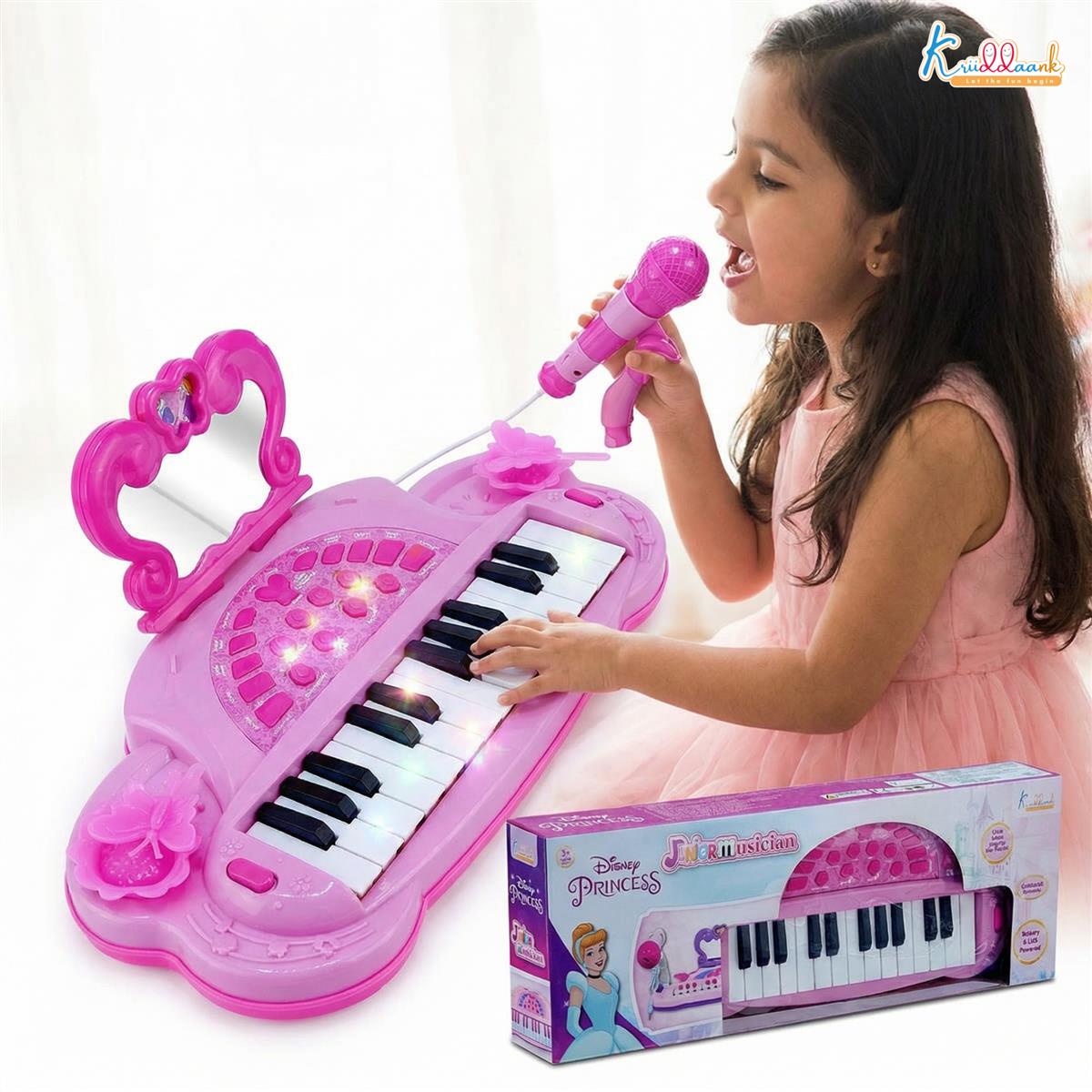 Disney Princess Musician Music Set - Kids Piano with Karaoke Microphone & Sound Effects, Educational Musical Toy for Girls Age 3+, Portable Electronic Keyboard with USB/Battery Power (Pink)