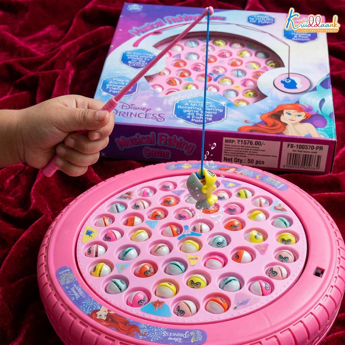 Princess Musical Fishing Game for Kids - Electronic Rotating Board with 45 Fishes & 4 Poles, Pink Ocean Theme Educational Toy, Battery Operated Interactive Fun for Girls & Boys Age 3+