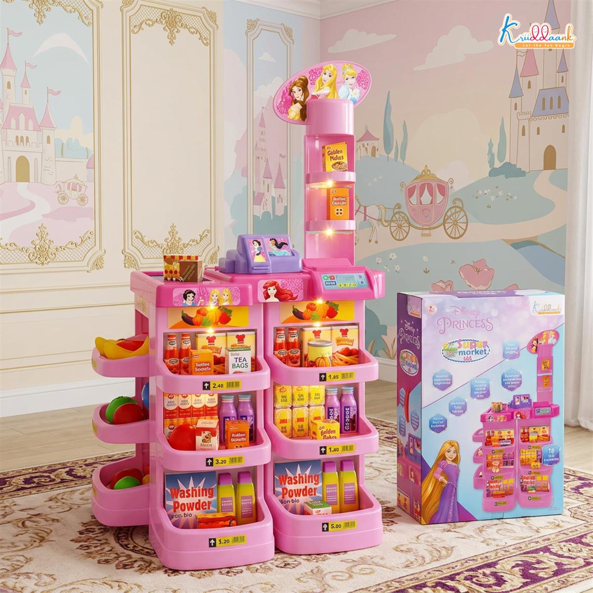 Disney Princess Theme Supermarket Set for Girls 5+ Years - Interactive Cash Register with Scanner, Sound & Music, Conveyor Belt & 19 Grocery Accessories - Pink Pretend Play Grocery Store Toy