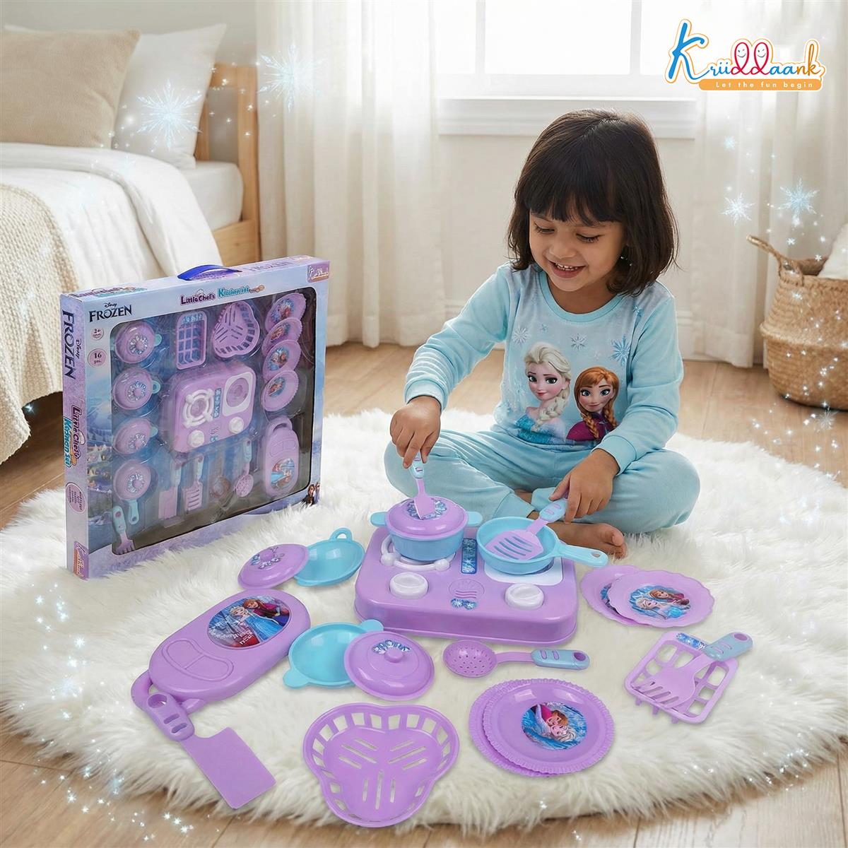Kriiddaank Frozen Little Chef Kitchen Set for Kids - 16 Pcs Pretend Play Cooking & Baking Toy with Lights & Music, Portable Kitchen Playset for Toddlers & Girls Age 3+ Years (Multicolor)