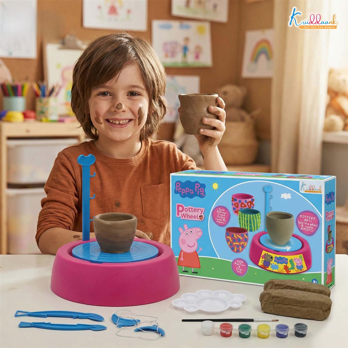 Hasbro Peppa Pig Theme Pottery Wheel Kit - DIY Clay Art & Craft Set for Kids 8+ with 800g Clay, 6 Acrylic Paints & Sculpting Tools - Educational & Creative Birthday Gift for Girls & Boys
