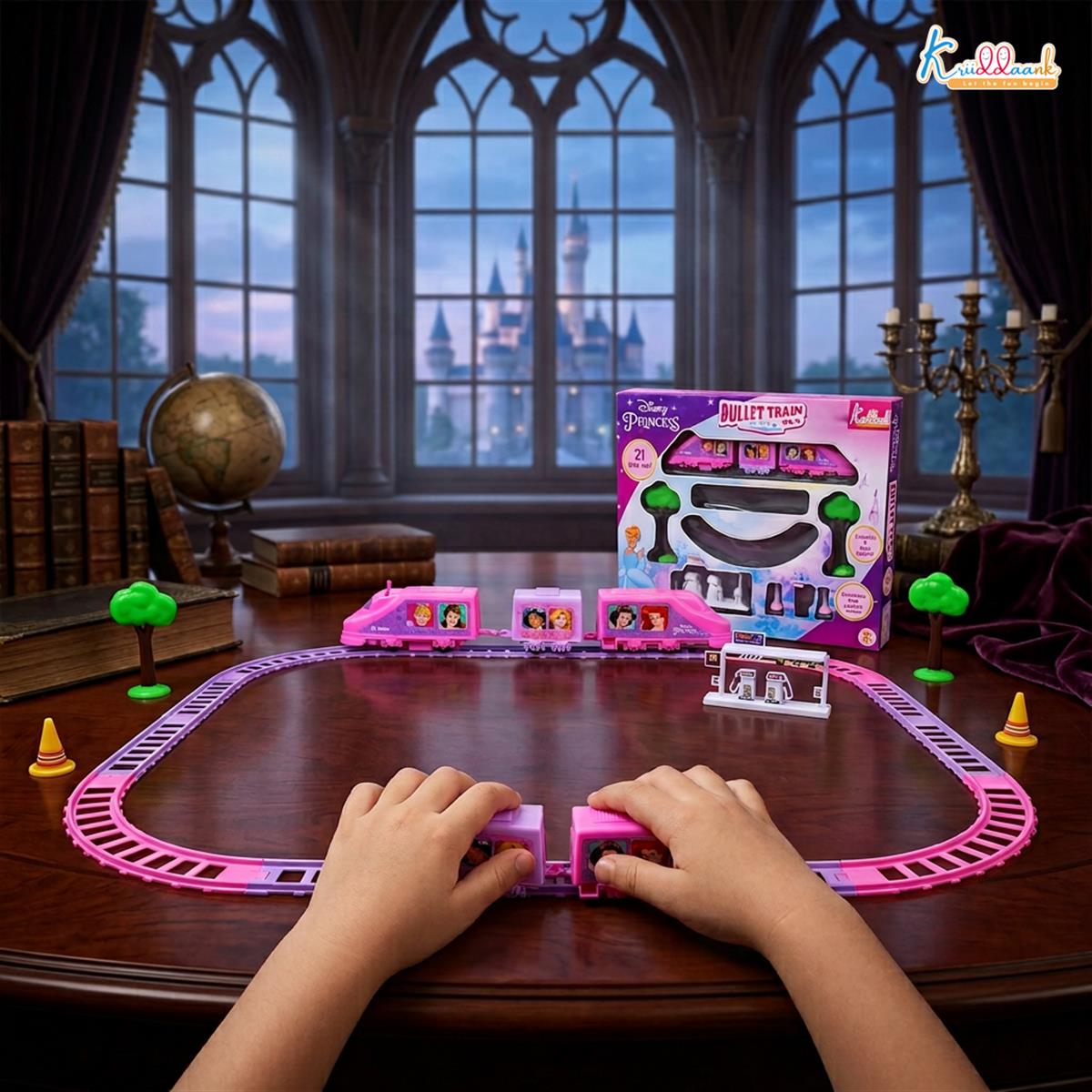 Kriiddaank Princess Train Set for Girls - 21 Pcs Battery Operated Bullet Train with Sound Effects, Easy-to-Assemble Tracks, Educational Motor Skills Toy for Kids 3+ Years, Pink
