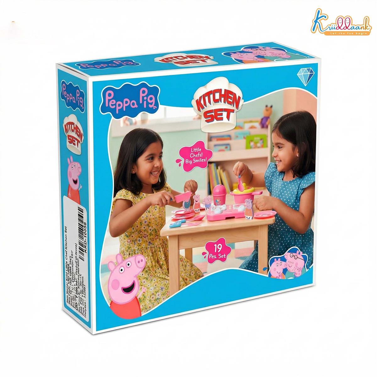 Kriiddaank Peppa Pig Inspired Kitchen Set with 2D Family Figures - 19 Pcs Pretend Play Toy for Kids Ages 3+ | Includes Peppa, George, Mummy & Daddy Pig | Battery Operated Lights, Multicolor
