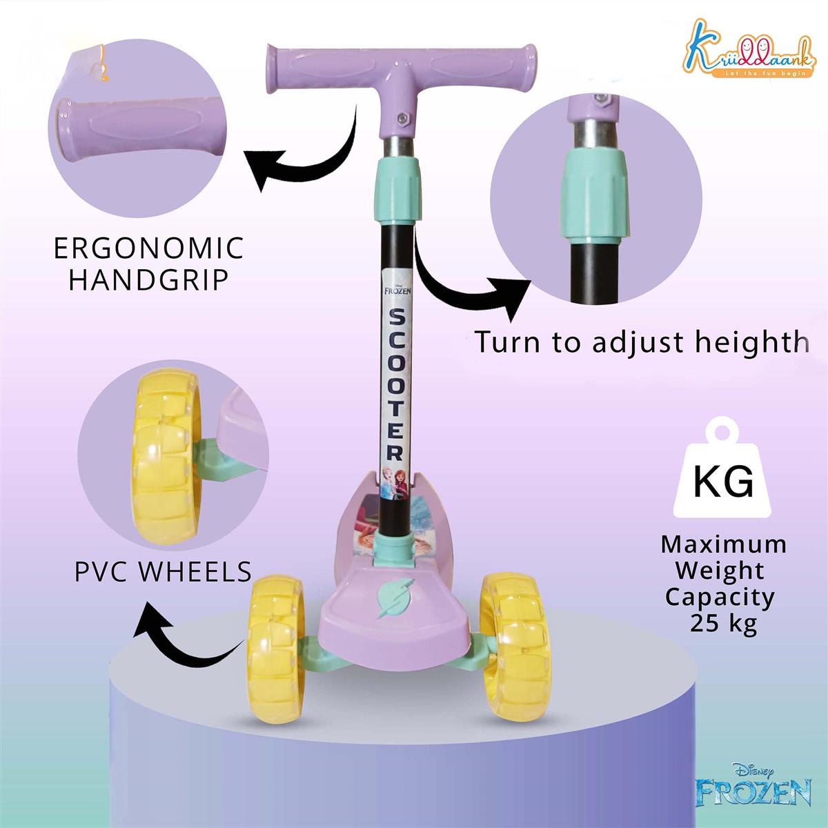 Kriiddaank Disney Frozen Adventure 3-Wheel Kick Scooter for Kids - 5-Level Adjustable Height, Easy Fold Design, Light Up PVC Wheels & Manual Brake - For Boys & Girls Ages 3-12 (Turkish Blue, 25kg)