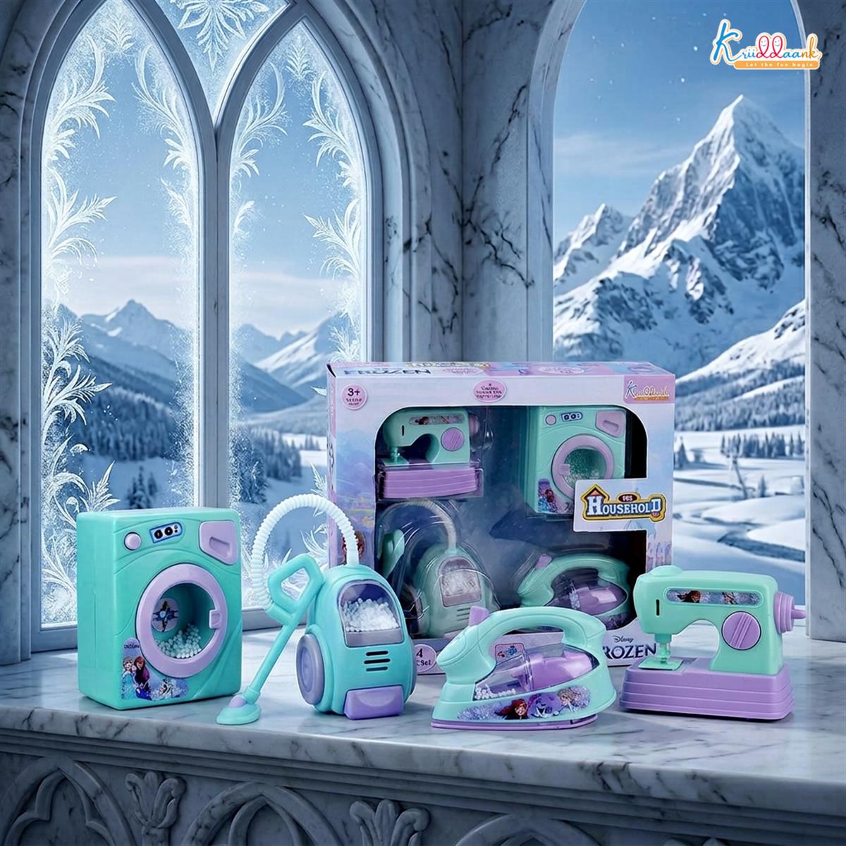 Frozen Theme Household 4pc Role Play Set - Includes Washing Machine, Vacuum Cleaner, Iron & Hair Dryer | Battery Operated Lights & Interactive Play | Non-Toxic Educational Toy for Kids 3+ Years