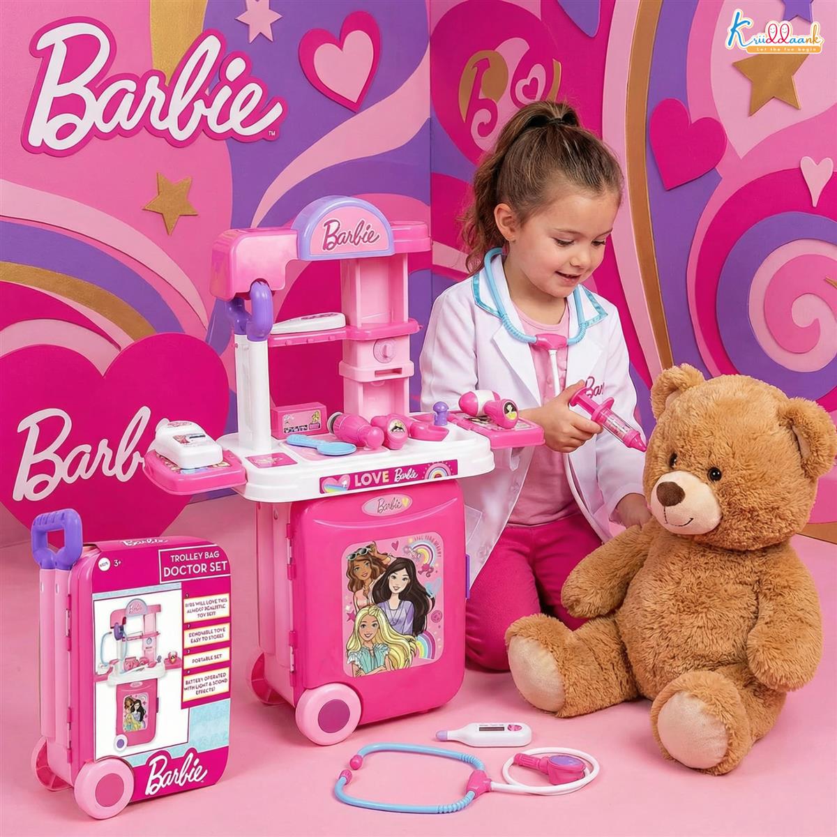 Kriiddaank Barbie Theme Doctor Set - Portable Medical Trolley Playset with Lights, 9-Piece Educational First Aid Kit for Kids 3+, Dreamhouse Role Play Toy, Best Birthday Gift for Girls - Pink
