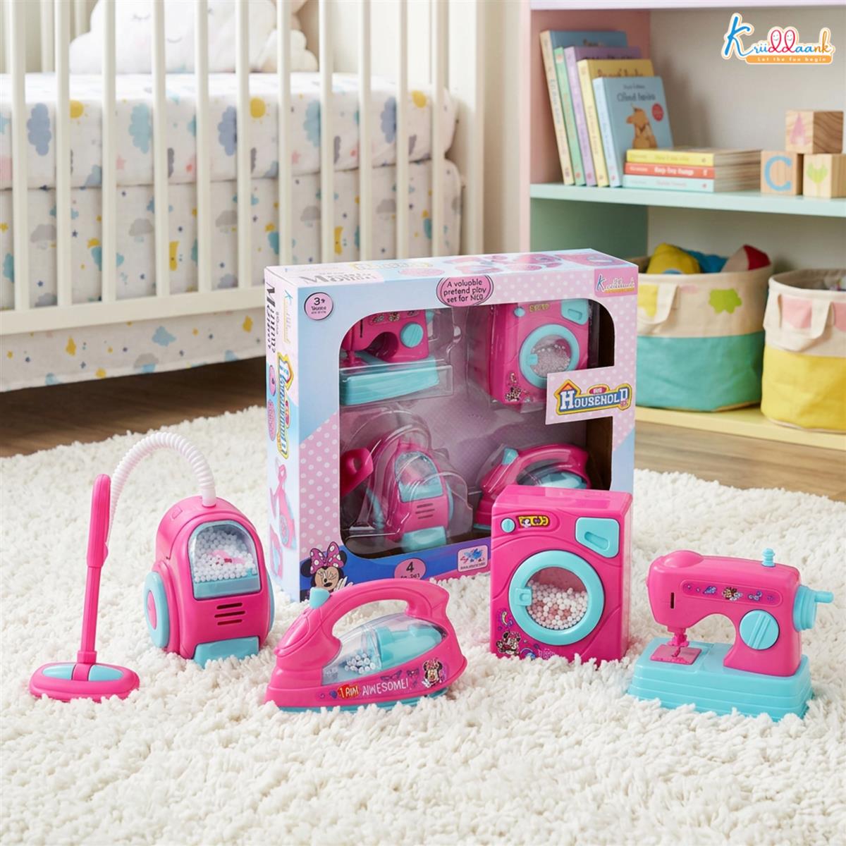 Minnie Mouse Theme Household Role Play Set (4-Piece) - Toy Washing Machine, Vacuum Cleaner, Iron & Hair Dryer with Lights - Educational Pretend Play Gift for Girls 3+ Years Old