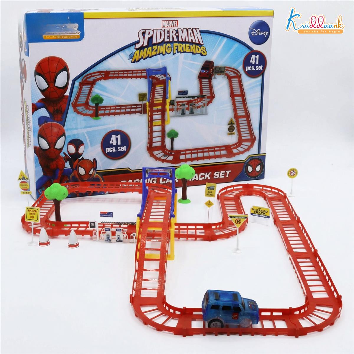 Spiderman Mini Track Set (41 Pcs) - Battery Operated Racing Car Track with Bridges, Roadway Signs & Traffic Cones | DIY Race Adventure Toy for Kids 3+ Years | Engaging & Educational Play Set