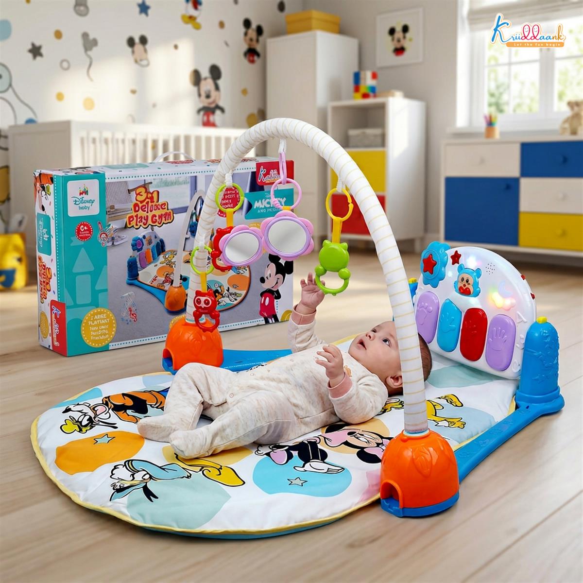 Mickey Theme Musical Baby Gym with Piano Keyboard, Lights & Hanging Rattles - Activity Play Mat for Infants & Toddlers (0-3 Years) - Extra Cushioned Tummy Time Mat for Boys & Girls