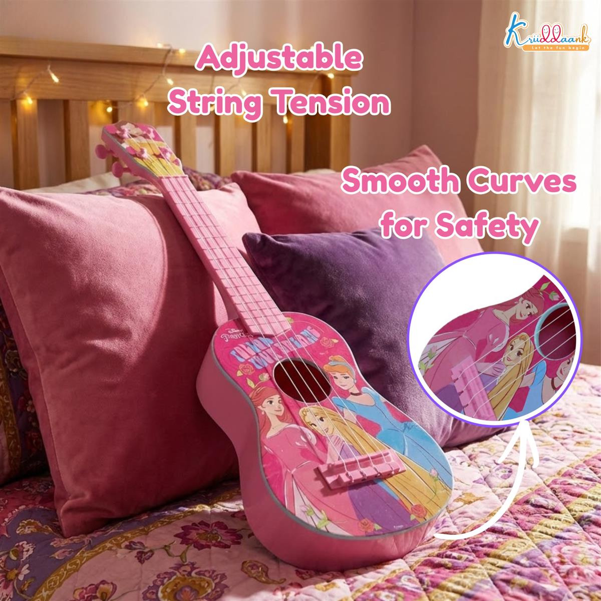 Disney Princess Theme Big Guitar Toy for Girls - 4-String Pink Musical Instrument for Kids Age 3+, Educational & Interactive Play, Perfect Birthday Gift for Little Musicians (57 cm)