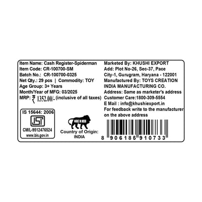 Kriiddaank CashRegister-SpidermanThemeCR-100700ByMarvelMarvel Spider-Man Toy Cash RegisterKriiddaank Kids Cash Register ToySpider-Man Cashier Toy with AccessoriesSpider-Man Cash Register Set for Boys & GirlsSpider-Man Cashier Toy with Accessories