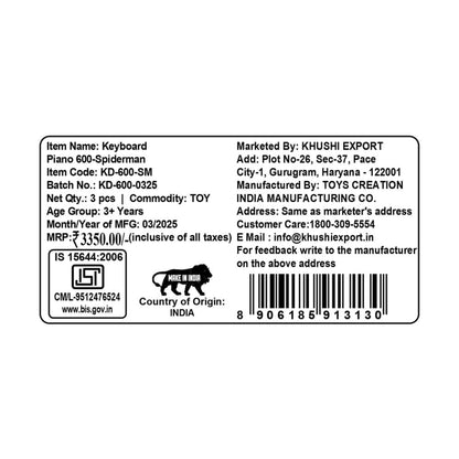 Kriiddaank  Keyboard Piano -600 SpidermanMarvel Keyboard Piano Digital music keyboard for beginnersElectronic keyboard piano with USBLearning & Development Toy for ToddlersPortable piano keyboard for children