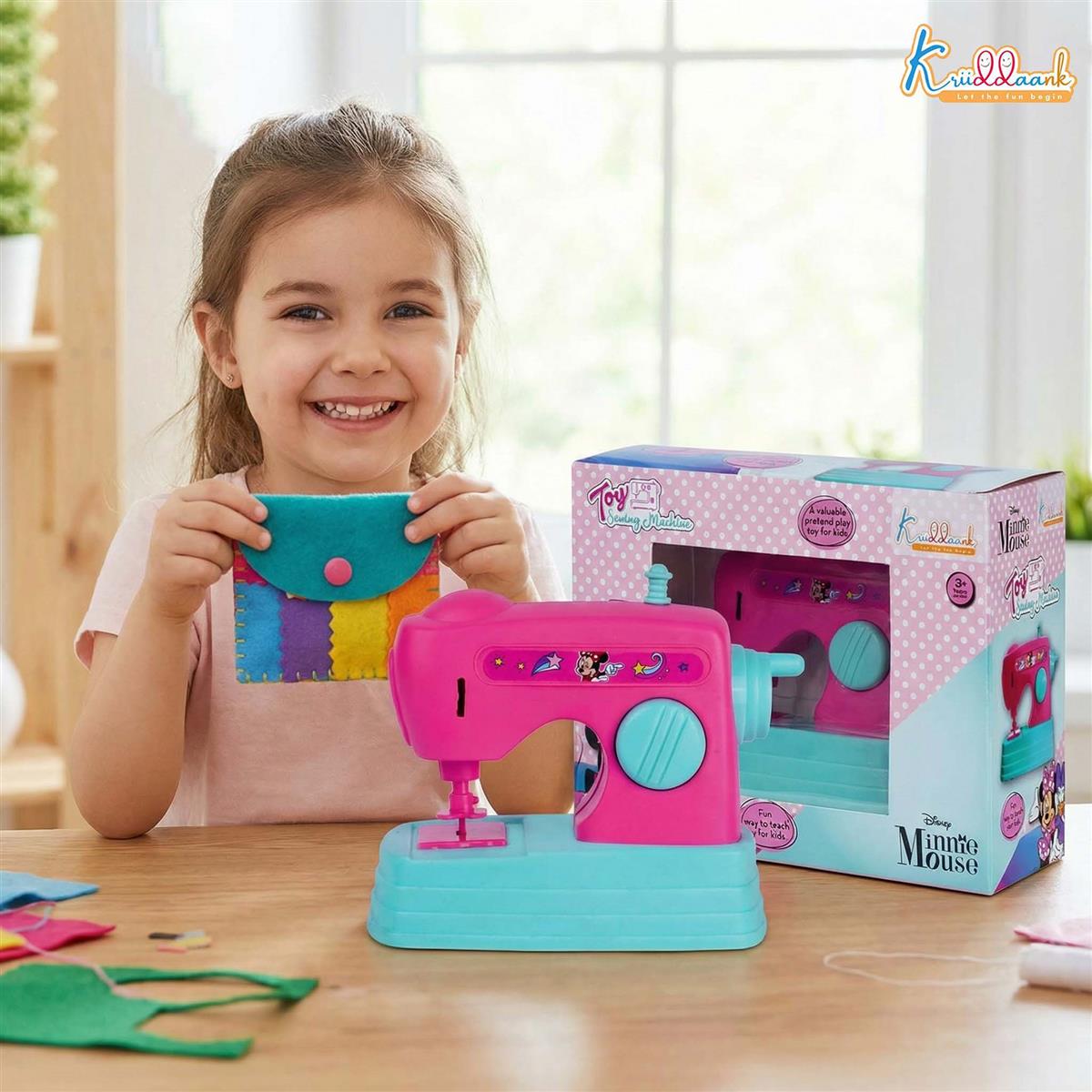 Kriiddaank Minnie Mouse Theme Mini Sewing Machine Toy for Kids 3+, Pink Educational Pretend Play Household Toy with Interactive Buttons, Battery Operated Role Play Toy for Girls