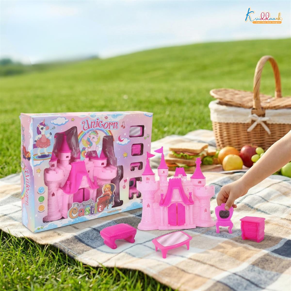 Portable Royal Castle Playset Unicorn Theme for Girls with Dollhouse Furniture, Mini Princess House Toy with Accessories, Educational Gift for Kids 3+ Years Old, Travel-Friendly & Safe