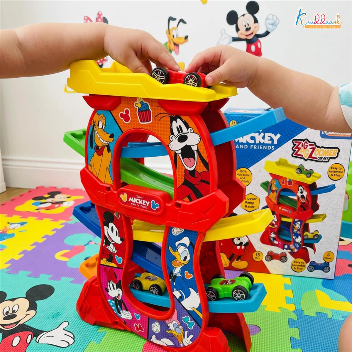 Mickey Zig Zag Zoomer Ramp Racer Car Track for Toddlers | 6-Level Lever Race Set with 4 Mini Vehicles | 15 Piece Educational Toy for Kids 3+ | Non-Toxic Mickey Mouse Themed Play Set