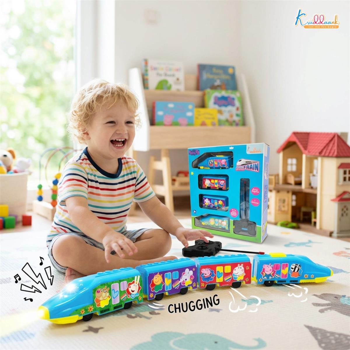 Kriiddaank Peppa Pig Theme RC Train Toy for Kids, Remote Control Express Train with Lights and Sounds, Rechargeable EMU Model Train for Boys & Girls Ages 3+, Light Blue
