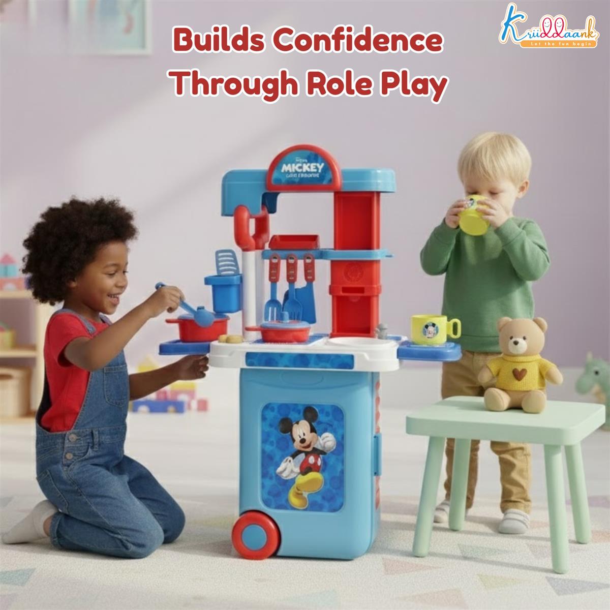 Kriiddaank Disney Mickey Kitchen Set with Trolley - 20 Pcs Pretend Play Cooking Set for Kids with Light & Sound, 2-in-1 Portable Role Play Kitchen Toy for Toddlers 3+ Years (Red)