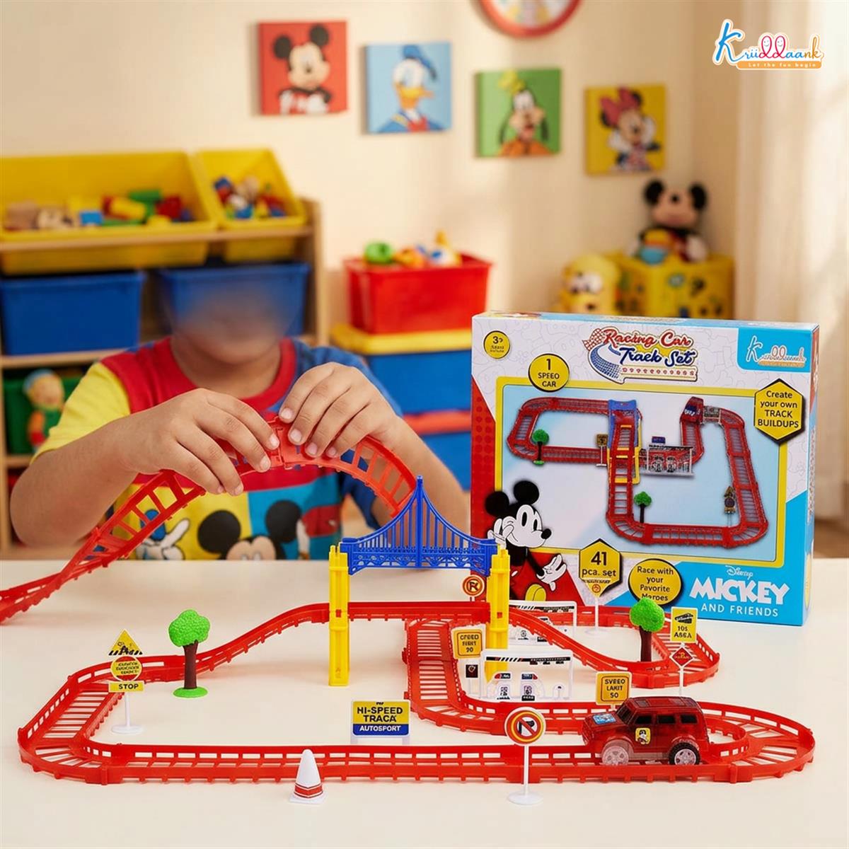 Disney Mickey Mini Track Small (41 Pcs) Racing Set - Battery Operated Car Track with Bridges, Roads & Signs - Educational Play Toy for Kids 3+ Years - Red/Multicolor Playset
