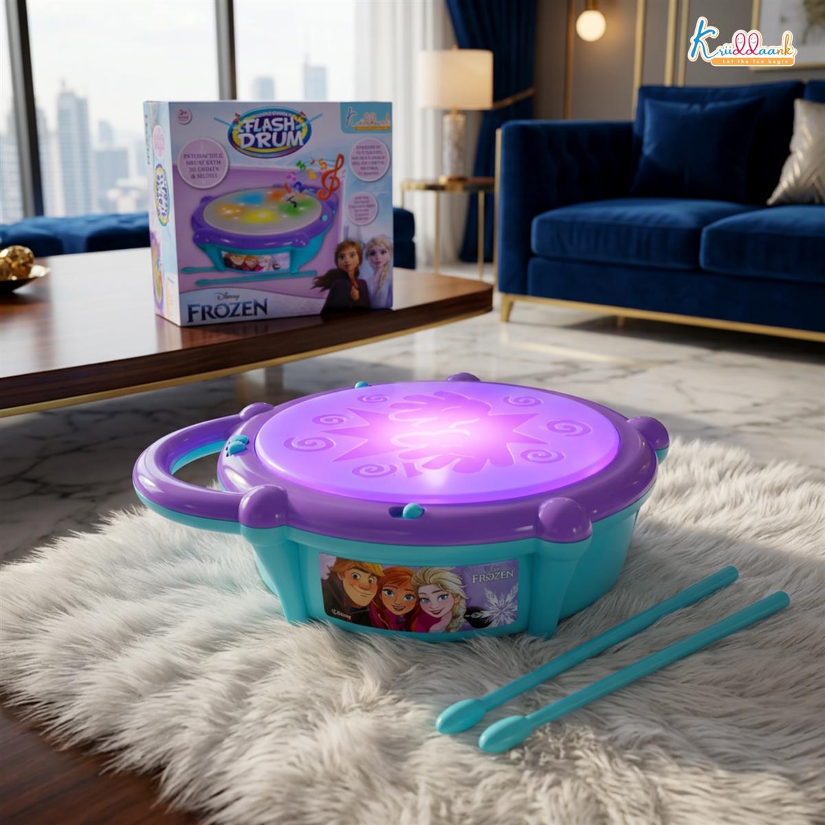 Frozen Elsa & Anna Flash Drum Toy for Toddlers - Battery Operated Musical Instrument with 3D 5-Color LED Lights & 9 Songs - Interactive Educational Toy for Kids Age 3+ Years