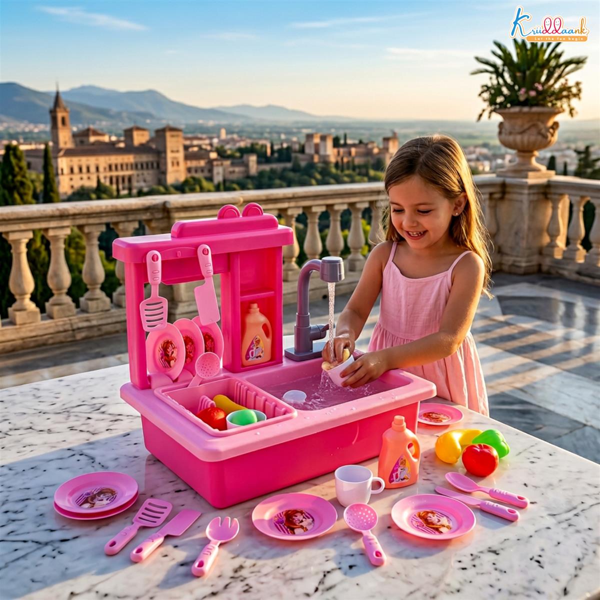 Kriiddaank Disney Princess Kitchen Toy Set for Girls with Running Water Sink, Electronic Kettle with Light & Sounds, 22-Piece Pretend Play Cooking & Baking Playset, Educational Toy for Kids 3+