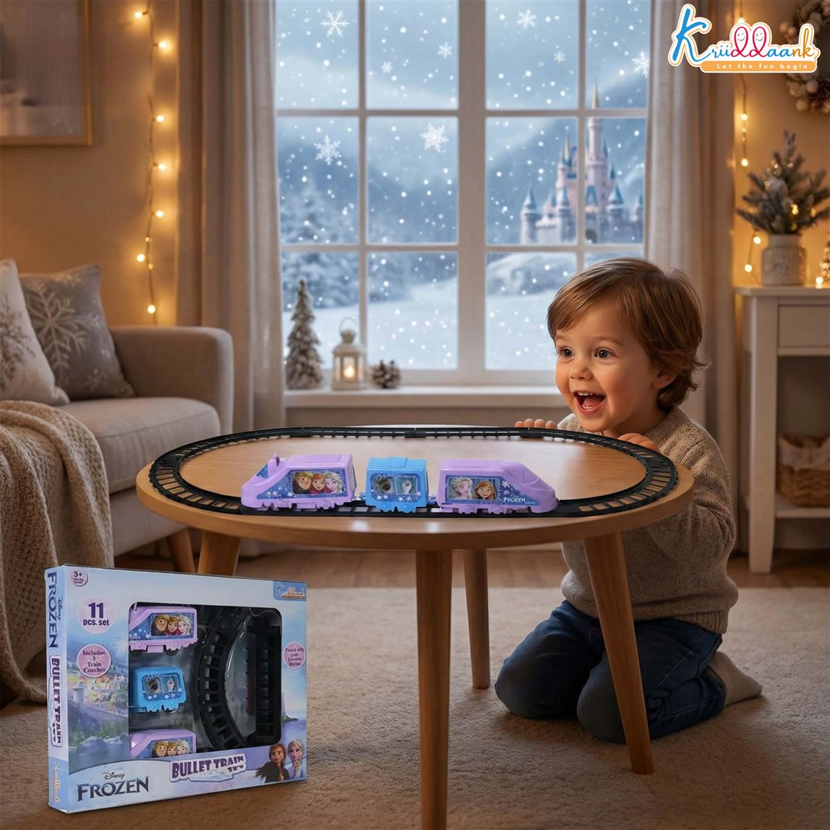 Kriiddaank Frozen Theme Train Set - Anna, Elsa & Olaf Miniature 11-Piece Interactive Playset with Sound Effects, Easy-to-Assemble Tracks & Battery Operated Engine for Kids Ages 3+