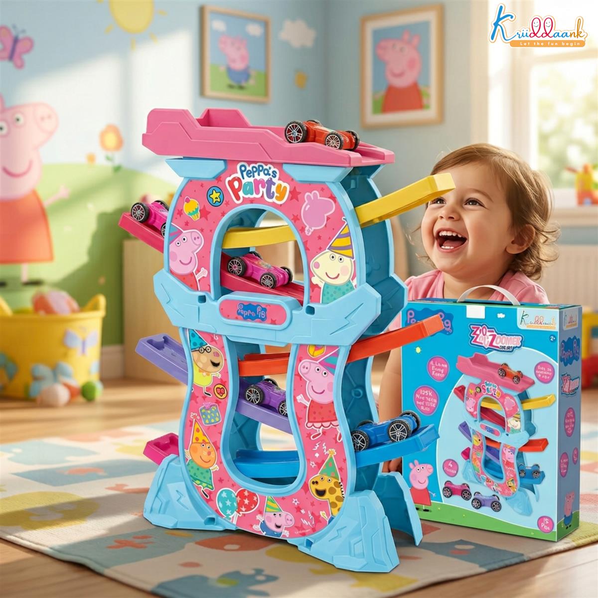 Peppa Zig Zag Zoomer Ramp Racer Car Track for Toddlers | 6-Level Racing Set with 4 Mini Vehicles | 15 Pieces Easy Assembly | Non-Toxic Educational Toy for Kids 3+ Years